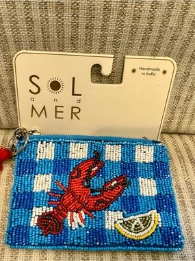 Sol and Mer Beaded Lobster Coin Pouch - Blue, Red, White